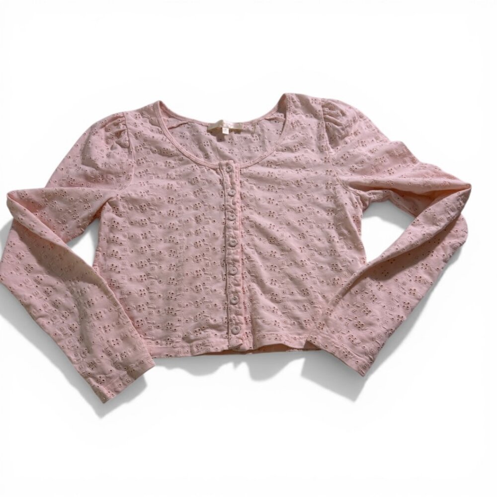 LoveShackFancy Jonah Crop Cardigan Blush Eyelet Button Front Sweater Size S - Picture 4 of 11